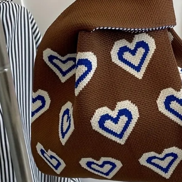 Heavy Woven Knit Heart Pattern Tote Purse Bag Japanese Knot Closure Style - Picture 5 of 6